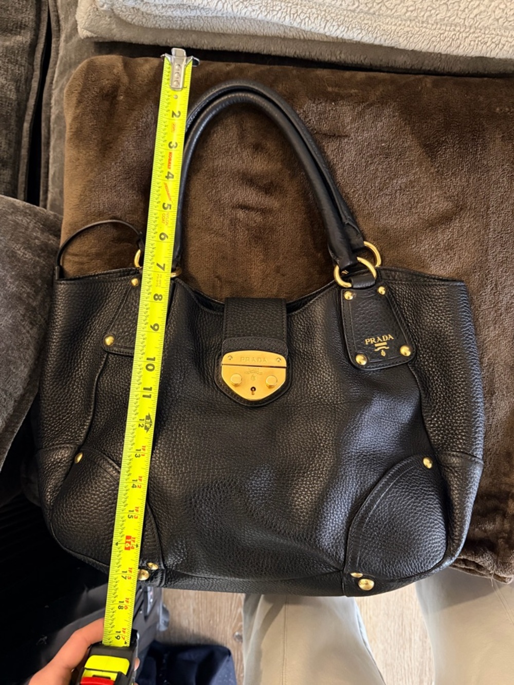Prada Black Pebbled Leather Shoulder Bag with Gold-Tone Hardware - Picture 8 of 9
